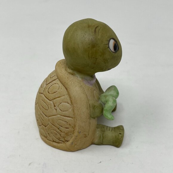 Vintage Ceramic Turtle Figurine Holding Green Worm Caterpillar Sitting Up Friend - Picture 3 of 7